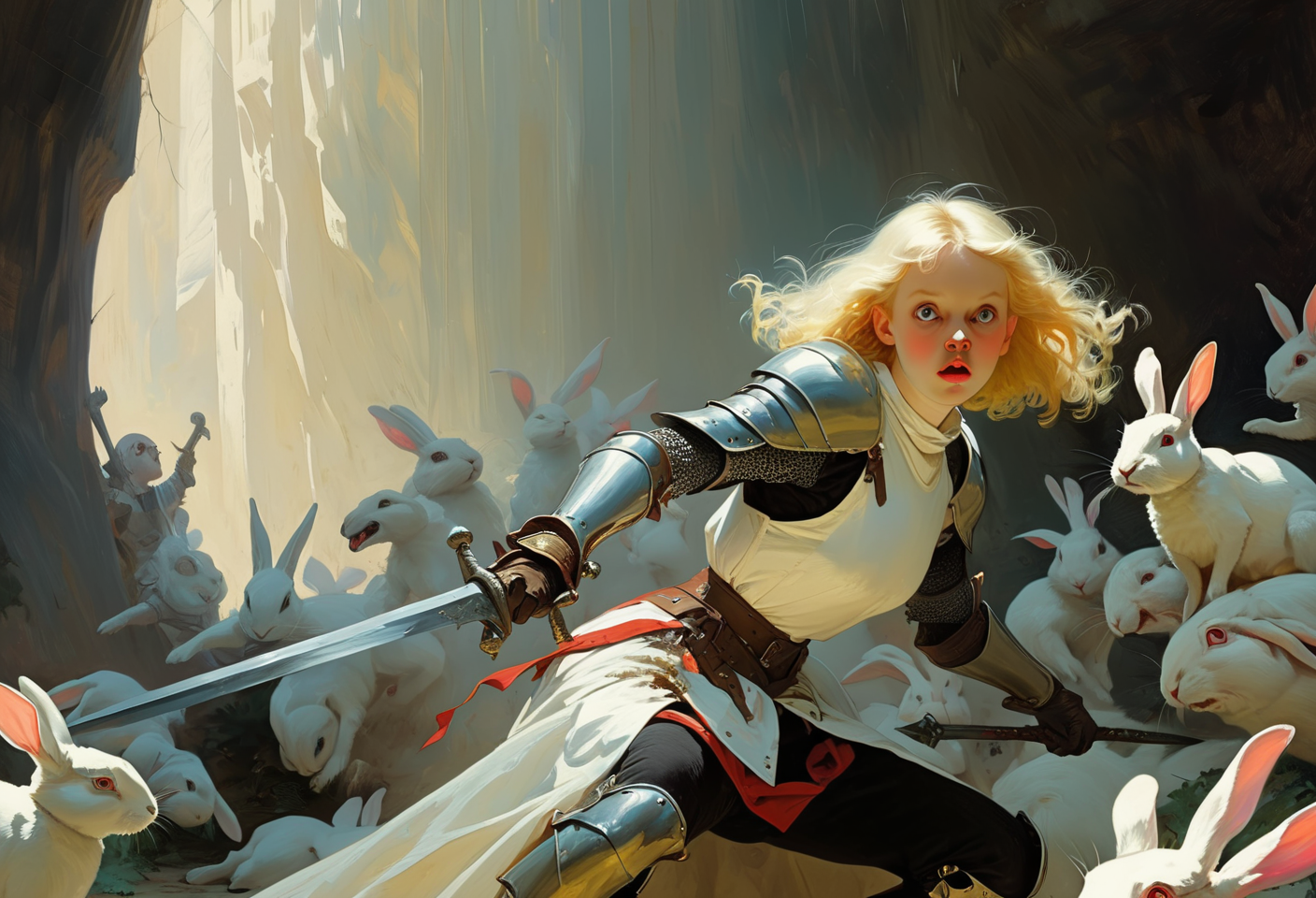 00015-1983653574-Art by Enrique Simonet. Closeup of a playful and chaotic scene of a blonde knight fighting white rabbit. _BREAK_The blonde knigh.png